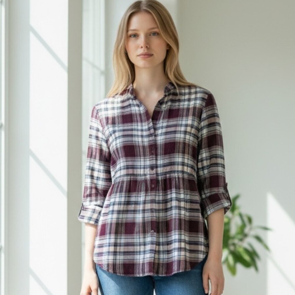 Lands' End Cotton Plaid Flannel Popover Shirt‎ Sz 6 #210H